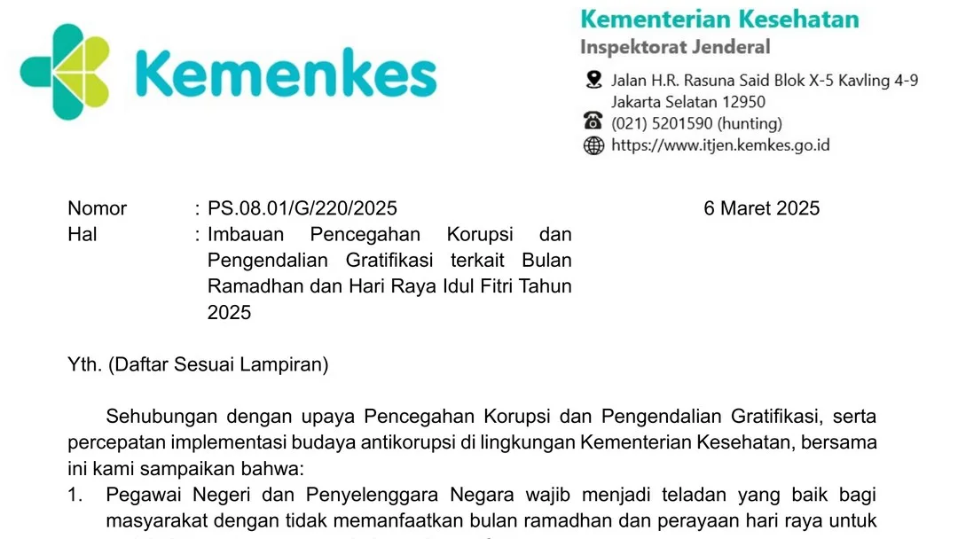 Imbauan Pencegahan Korupsi dan Pengendalian Gratifikasi terkait Bulan Ramadhan dan Hari Raya Idul Fitri Tahun 2025 di Lingkungan Kementerian Kesehatan RI.