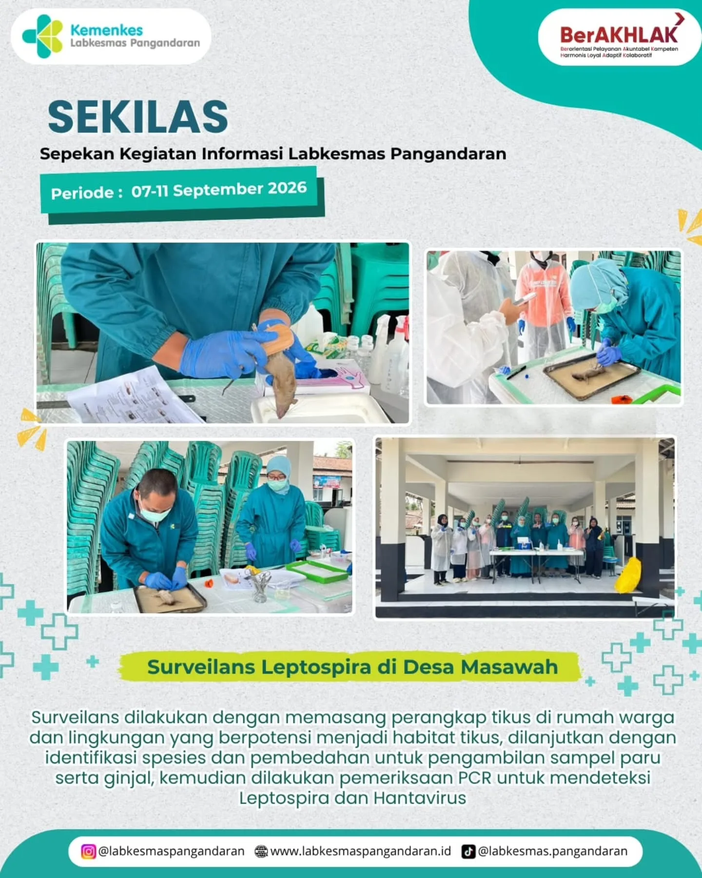 SEKILAS | Periode 7 - 11 September 2026

Hallo Sahabat Loka 👋 🥳 

Yuk, intip berbagai kegiatan di Loka Labkesmas Pangandaran selama pekan ke-2 di Bulan September 2026, kegiatannya terdiri dari apel pagi, pembagian seragam ASN, surveilans dengue ke Kota Tangerang Selatan Dan Kabupaten Bandung, surveilans leptospira di Kabupaten Pangandaran tepatnya Kecamatan Cijulang dan di Desa Masawah Kecamatan Cimerak,dll. Yuk slide postingan ini sampe selesai biar tahu lebih lengkap keseruan minggu ini 🤩

Semua dilakukan untuk mendukung ketahanan kesehatan masyarakat 💙

Sampai jumpa di SEKILAS pekan berikutnya 👋🏻🫶

#sekilasllkmpnd #labkesmaspangandaran #rekapkegiatan #kemenkesri