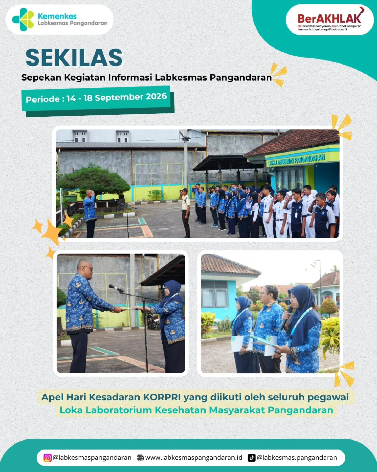 SEKILAS
(Seputar Informasi Kegiatan Labkesmas Pangandaran)

Hallo Sahabat Loka 👋🥳

SEKILAS periode 14 September - 18 September 2026 memiliki berbagai macam kegiatan yang telah dilaksanakan✨
Mulai dari kegiatan Apel Hari Kesadaran KORPRI, Kunjungan Wisata Edukasi Kesehatan Kober Kenanga Panyutran, Kegiatan Surveilans Leptospira di Kab. Ciamis, Kegiatan Surveilans Dengue di Kab. Bandung Barat, Koordinasi Tim Surveilans dengan Dinkes Kota Sukabumi, Kegiatan Surveilans Inpuls di Kota Tasikmalaya, Kegiatan Identifikasi Sampel Surveilans Dengue, Kegiatan Pemeriksaan PCR Dengue, Hantavirus, dan Leptospirosis serta Sosialisasi Tim Penulis dan Tema Buletin INSIDE edisi Desember.

Yuk simak rangkaian kegiatan kami dalam SEKILAS pekan ini 🤝

#labkesmaspangandaran
#healthies
#rekapkegiatan
#sekilasllkmpnd
#kemenkes