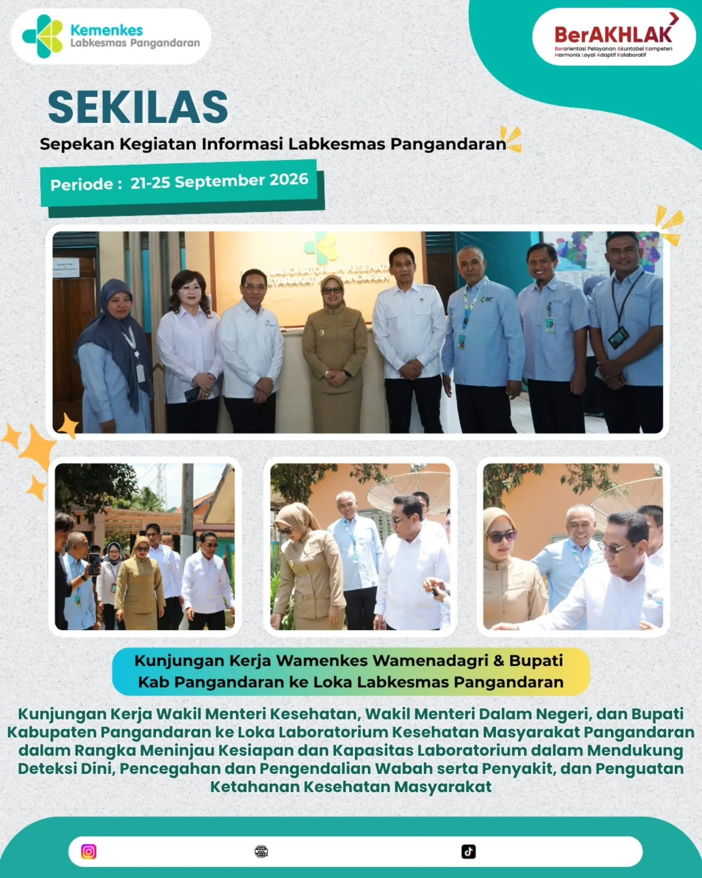 SEKILAS || Periode 21–25 September 2026 📸

Halo Sahabat Loka 👋 🥳 

Satu pekan, beragam kegiatan dan kolaborasi terus dilakukan oleh Loka Laboratorium Kesehatan Masyarakat Pangandaran.

Mulai dari monitoring dan evaluasi penyelenggaraan Labkesmas, kunjungan kerja dan koordinasi, penguatan kapasitas, hingga apel pagi, seluruh rangkaian kegiatan menjadi bagian dari upaya memperkuat penyelenggaraan layanan kesehatan masyarakat.

Melalui kegiatan tersebut, Loka Labkesmas Pangandaran terus mendorong peningkatan kapasitas SDM, kualitas pelayanan laboratorium, penguatan surveilans, deteksi dini, serta pencegahan dan pengendalian penyakit. Kolaborasi dengan berbagai pihak juga terus diperkuat sebagai langkah bersama dalam mendukung ketahanan kesehatan masyarakat. 🤝🧪🔬

Yuk, simak rangkuman kegiatan Loka Labkesmas Pangandaran dalam SEKILAS minggu ini! 💙

#sekilasllkmpnd #labkesmas #rekapkegiatan #surveilanskesehatan #kemeskes